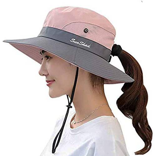 Women’s 넓은챙 Sun-Hat 섬머 UV 프로텍트 낚시 모자 폴더블 포니테일 홀