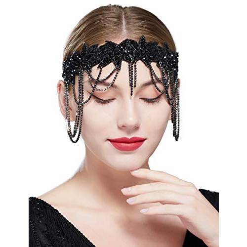 BABEYOND 1920s Flapper Headpiece 헤드밴드 Great Gatsby 체인 헤드밴드 여성용 (블랙)