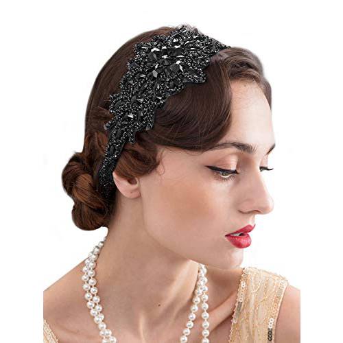 SWEETV 블랙 큐빅 Flapper Headband-Elastic 1920s Headpiece, Great Gatsby 헤어 악세사리 여성용