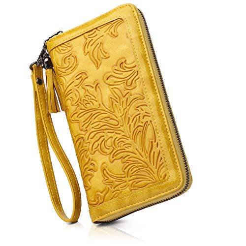 MEITRUE RFID Women’s 지갑 가죽 대용량 Wristlet 클러치 Zip 어라운드 여성용 롱 지갑 카드 홀더 오거나이저,수납함,정리함 1022 (Z-Yellow 1, M)