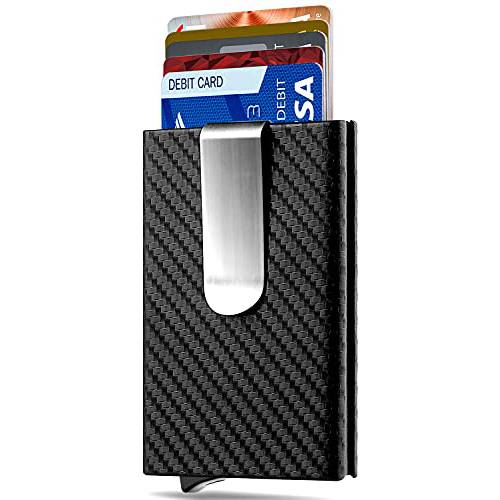 Mosiyeef 미니멀리스트 지갑 남성용 - RFID 차단 컴팩트 지갑  머니클립 - 슬림 전면 포켓 지갑 카본 가죽 포장, Ultra-Thin 디자인 신용 카드 홀더, 블랙