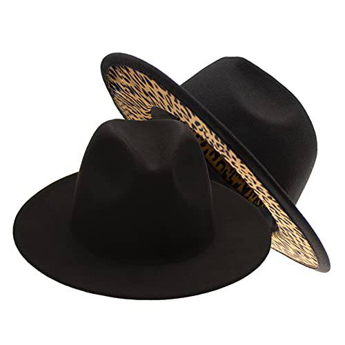 UTOWO Two-Tone Felt-Fedora-Panama-Hats-for-Women-Men,  넓은챙 블랙&  호피 패치워크 페도라 재즈 캡