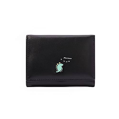 걸스 귀여운 공룡 배지 Tri-folded 지갑 스몰 지갑 캐쉬 포켓 카드 홀더 ID윈도우 지갑 여성용 (블랙, 공룡 배지)