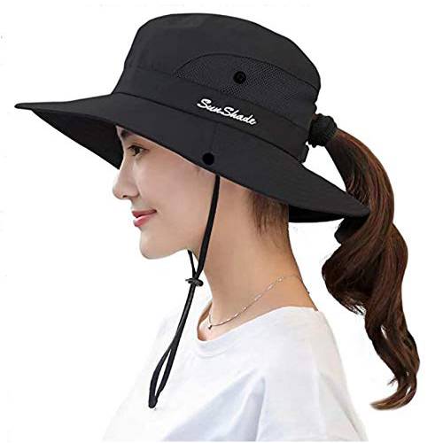 Women’s 아웃도어 UV-Protection-Foldable Sun-Hats 매쉬 Wide-Brim 비치 낚시 모자 Ponytail-Hole