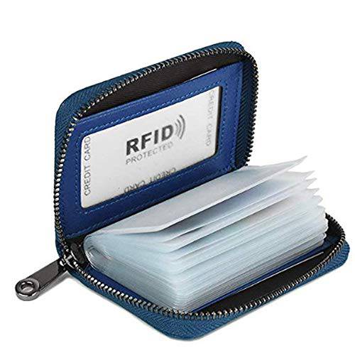 여성 신용 카드 홀더 지퍼 지갑 RFID 천연가죽 스몰 ID 카드 케이스 Mens（Blue）