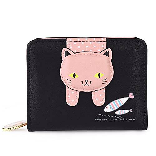 걸스 지갑 고양이 지갑 Little 걸 귀여운 지갑 패턴 동전 지갑 스몰 홀더 지퍼 지갑 (블랙)