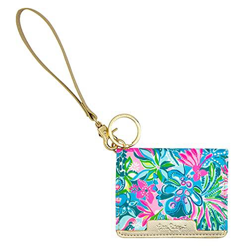 Lilly Pulitzer 귀여운 블루 ID 카드 케이스 키체인,키링,열쇠고리 지갑, 슬림 신용 카드 홀더 Wristlet 스트랩, 골든 시간
