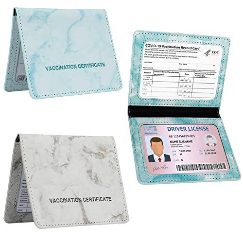2Pcs Vaccine 카드 보호 커버 홀더 PU 가죽 Vaccination 4X3 카드 케이스 명함카드, 비즈니스 카드 홀더 (그레이+ 블루)