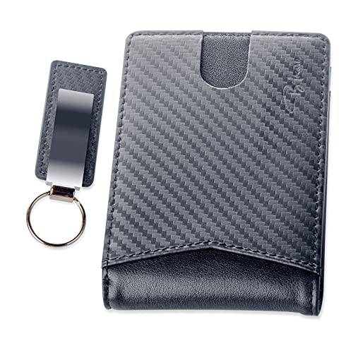 BLACARO - Fotenza 클래식 가죽 바이폴드 지갑 남성용 ID윈도우 - RFID 차단 - 키체인, 키링, 열쇠고리 - 스마트 디자인 - 선물상자 지갑 (카본 파이버)