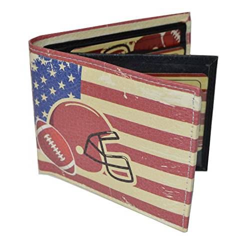 Leatherboss 프린트 아메리칸 축구 스포츠 바이폴드 신용 카드 캐쉬 홀더 지갑  선물상자 남성용 (헬멧 깃발)
