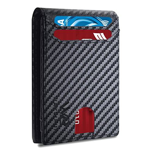 Waylipun 남성용 슬림 지갑, 미니멀리스트 카본 파이버 바이폴드 지갑,  매우얇은 RFID 차단 카드 홀더 전면 포켓 지갑 남성용 ID윈도우