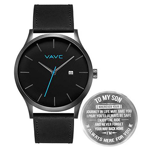 VAVC Men’s 블랙 가죽 밴드 캐쥬얼 아날로그 드레스 쿼츠 손목 워치 블랙 페이스 and 심플 디자인