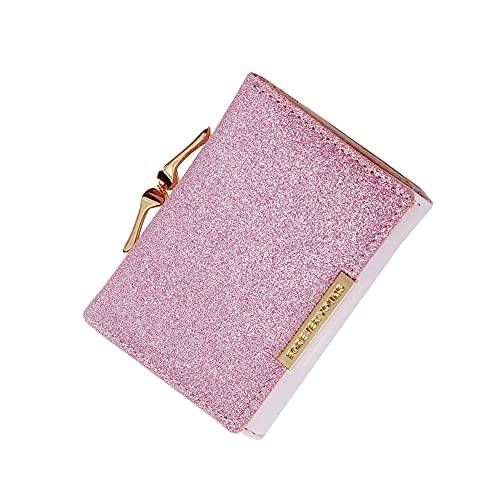 Wolyepor 스팽글 숏 프린트 Tri-fold 지갑 카툰 Multi-Card 지갑 메탈 버튼 크리스마스 생일 Gift(Pink)