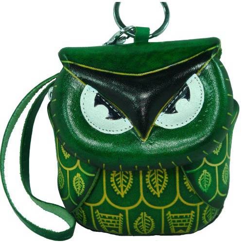 A 천연가죽 동전/ 체인지 지갑, 미니 Wristlet 백, Owl 디자인, 귀여운 (그린/ 블랙)