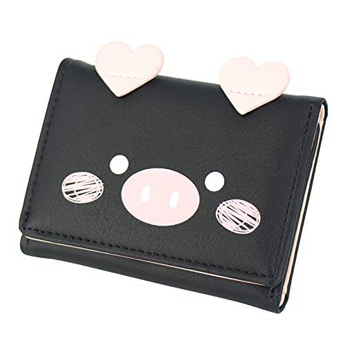 여성 스몰 지갑 걸스 귀여운 카툰 Pig 트라이폴드 Little 슬림 숏 카드 지갑 (블랙)