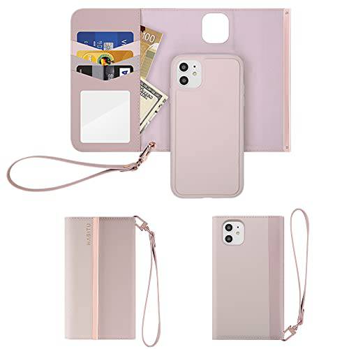 HABITU [폴리오 콜렉션 2021] 에리스 Tri-Fold 핑크 지갑 케이스 아이폰 XR/ 11, 탈착식 비건 가죽 자석 폴리오 카드 포켓,  미러&  스트랩 여성용,  여성용
