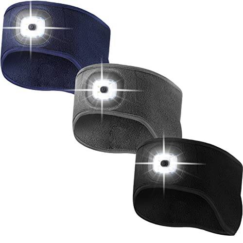 3 피스 LED 라이트 헤드밴드 양털 겨울 충전식 이어 온열장치 전조등,헤드램프 라이트 탄력 헤드밴드 라이트 여성용 남성용 (블랙, 네이비 블루, 그레이)
