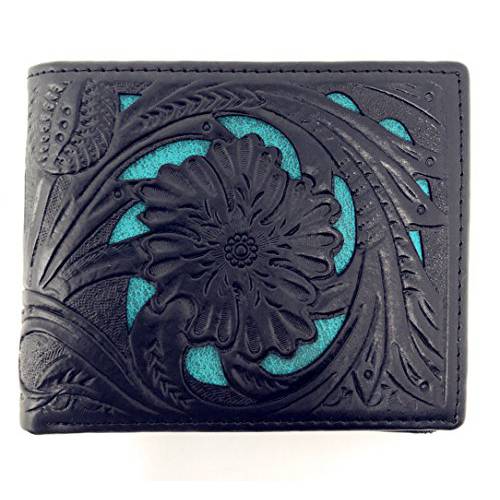 Western 정품 도구 가죽 레이저 Cut Men’s 바이폴드 숏 지갑 in 8 컬러 (블랙/ Turquoise)