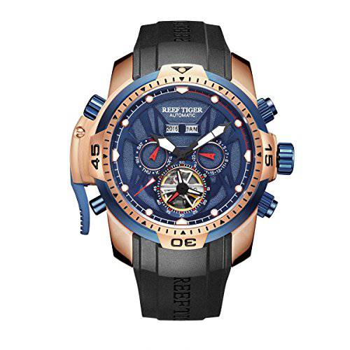 Reef 호랑이 밀리터리 시계 남성용 로즈 골드 Complicated 블루 다이얼 자동 스포츠 시계 RGA3532