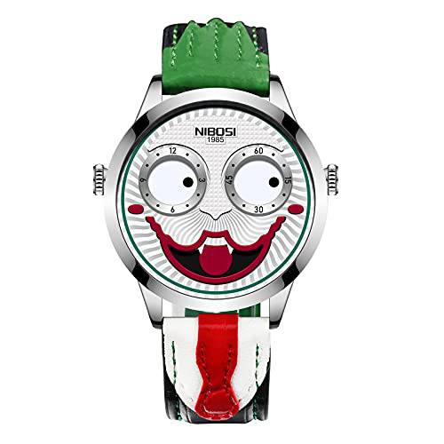 워치 남성용 Creative 디자인 큰 다이얼 조커 쿼츠 손목 시계 가죽 방수 스포츠 Clown 페이스 디자인