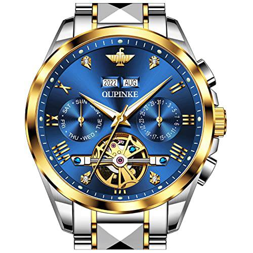 OUPINKE Men’s 오토매틱시계 럭셔리 기계식 다이아몬드 해골 셀프 굴곡 드레스 손목 시계 사파이어 크리스탈 텅스텐 스틸 비지니스 손목 시계