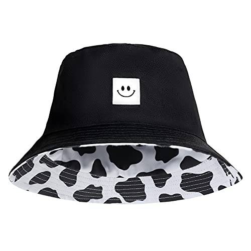 XSKJY 양면 스마일리 페이스 버킷 모자 프린트 버킷 모자 여성용 휴가 여행용 비치 썬 캡