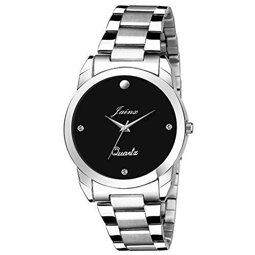 Jainx 유니섹스 시계 블랙 다이얼 아날로그 스테인레스 스틸 클래식 다이아몬드 악센트 시계 - 실버 톤