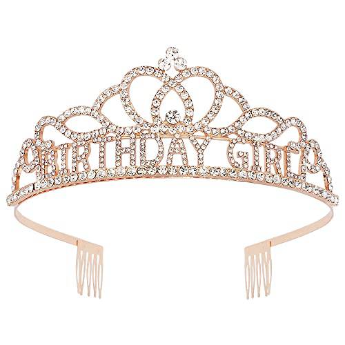 ATODEN 생일 Tiara 왕관 걸스 Crowns 여성용 프린세스 Crowns Combs 큐빅 Tiaras 생일 왕관 생일 걸 헤드밴드 생일 악세사리 (로즈 골드)
