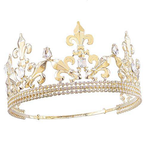 중세 킹 왕관 Men’s Tiara 헤드밴드 성인 Prom 파티 데코,장식 로얄 Scepter 할로윈 악세사리 사이즈 조절가능 (골드)