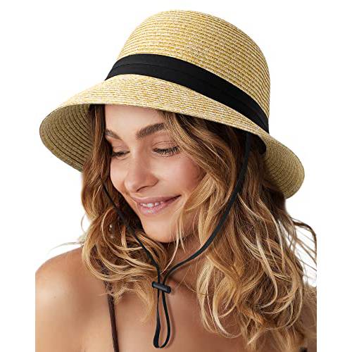 여성 넓은챙 빨대 썬 모자 보우노트 벨트 UPF 50+ 폴더블 썬 프로텍트 섬머 비치 모자