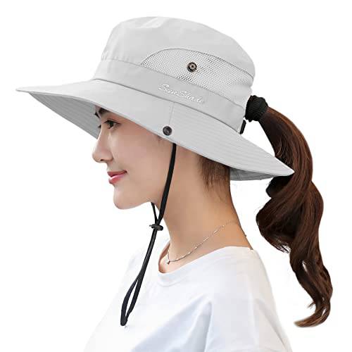 Muryobao Women’s 포니테일 썬 모자 UV 프로텍트 폴더블 매쉬 넓은챙 비치 낚시 모자