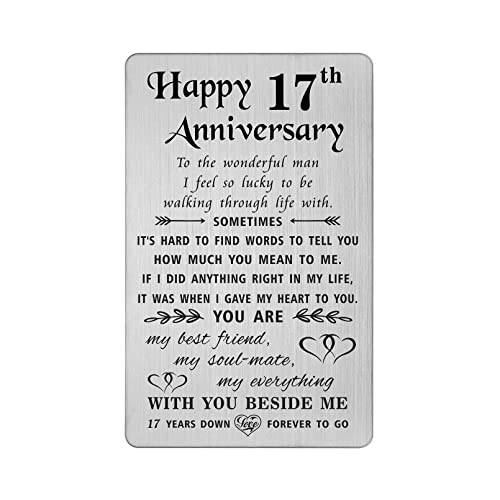 TANWIH 17th 웨딩 기념일 카드 선물 그를위한 남편, 해피 17 Years 기념일 카드 남성용, 각인 메탈 지갑 인서트