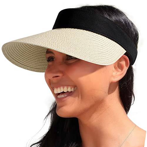 여성 빨대 썬바이저, 햇빛가리개 모자 넓은챙 Roll-up 폴더블 섬머 UV 프로텍트 비치 캡