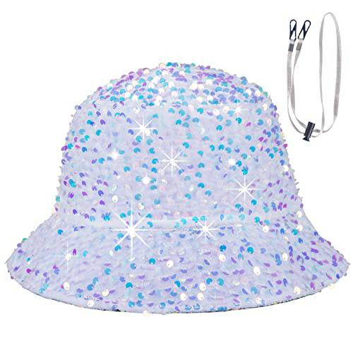 여성 스팽글 버킷 모자 비치 썬 모자 파티, 걸스 패션 미적 낚시 모자 Wind 로프