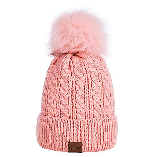 Alepo 여성 겨울 비니 모자, 따뜻한 양털 안감있는 니트 소프트 스키 커프 캡 폼 Pom(Pink)