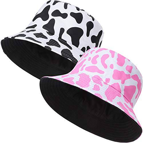 Geyoga 2 피스 Cow 프린트 버킷 모자 Double-Side 어부 캡 여성용 (블랙 and 화이트, 핑크 and 화이트)