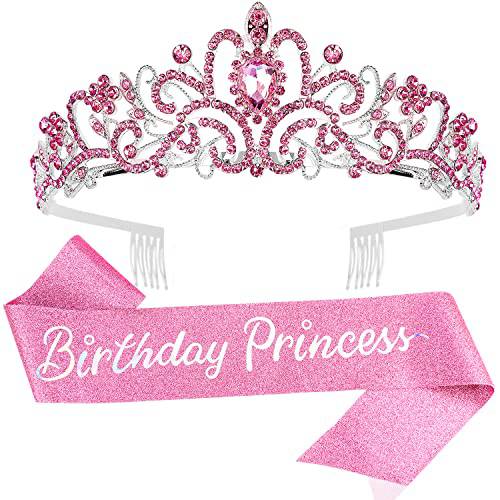생일 Tiaras 여성용, 프린세스 왕관 Tiara, 해피 생일 Crowns 여성용, 생일 왕관 걸스 생일 Sash, 해피 생일 데코,장식 여성용, 생일 악세사리