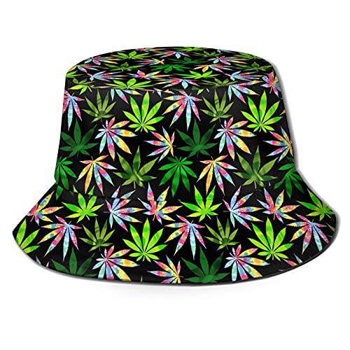 Shuwekk Colorful Marijuana 리프 Weed 버킷 모자 남성용 여성, 트렌디 프린트 포장가능 섬머 여행용 비치 썬 모자 어부 모자 캡 블랙