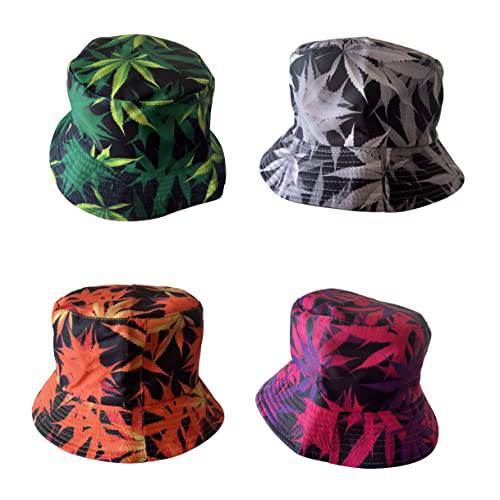 팩 of 4X Weed 디자인 Marijuana Leafs 폴더블 어부 버킷 모자 Packable-One 사이즈