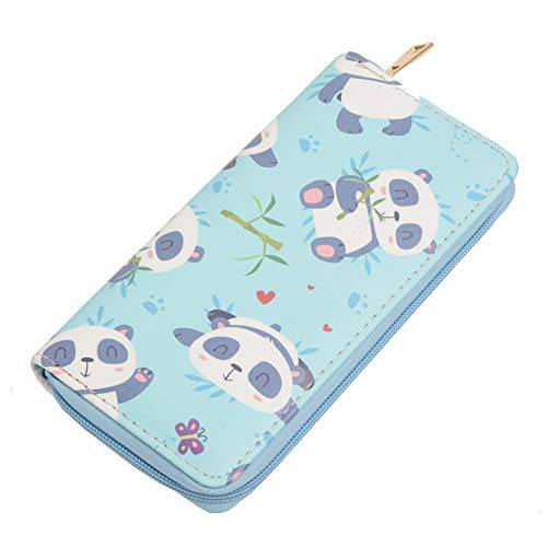 Ecohaso 여성 Zip 어라운드 오거나이저,수납함,정리함 지갑 PU 클러치 롱 지갑 카툰 프린트 지갑 (블루 Panda)