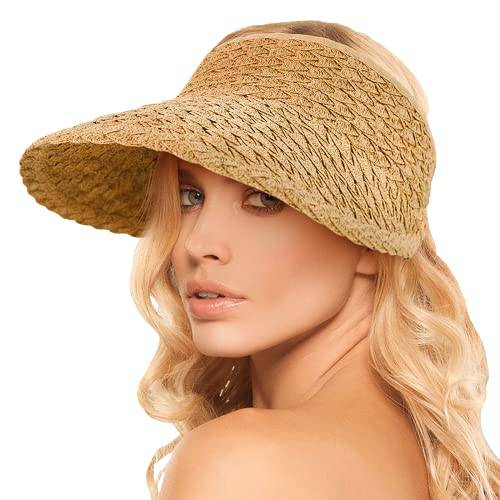 여성 UPF50+ 빨대 썬바이저, 햇빛가리개 모자 넓은챙 섬머 UV 프로텍트 비치 캡 폴더블 Korean 스타일