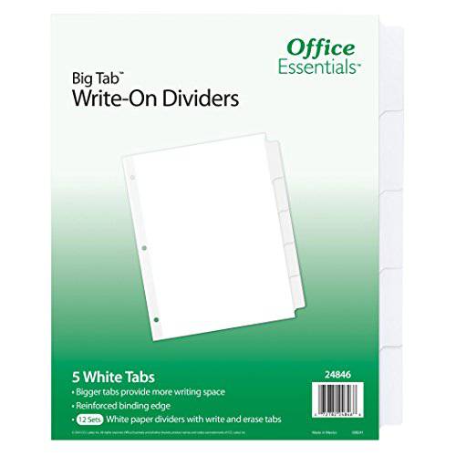 Office Essentials  큰 탭 Write-On 디바이더, 8-1/ 2 x 11, 5 탭, 화이트 탭, 12 팩 (24846)