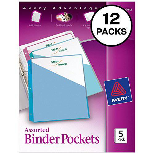 Avery 바인더 포켓, 다양한 컬러, 8.5 x 11, Acid-Free, 듀러블, 60 Total 사선 자켓, 12 팩 (75254)