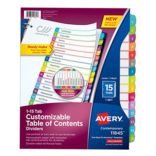 Avery 15-tab 디바이더 3 링 바인더, 맞춤형 테이블 of Contents, 다양한색 탭, 1 세트 (11845)