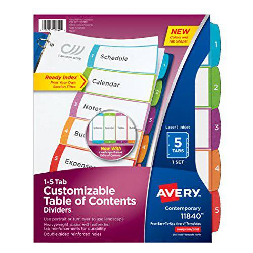 Avery 5-Tab 디바이더 3 링 바인더, 맞춤형 테이블 of Contents, 다양한색 탭, 1 세트 (11840)