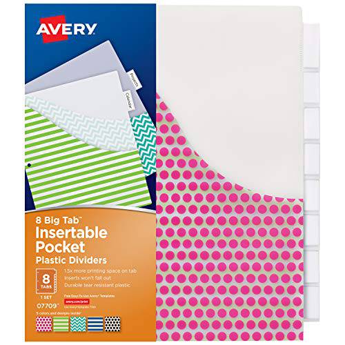 Avery 8-Tab 플라스틱 바인더 디바이더 포켓, 삽입가능 클리어 큰 탭, 다양한 디자인, 1 세트 (7709)