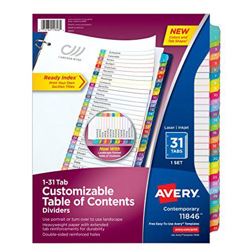 Avery 31-tab 디바이더 3 링 바인더, 맞춤형 테이블 of Contents, 다양한색 탭, 1 세트 (11846)