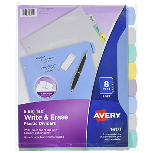 Avery 8-Tab 플라스틱 바인더 디바이더, 쓰고 지울수있는 다양한색 큰 탭, 1 세트 (16171) 불투명 다양한색