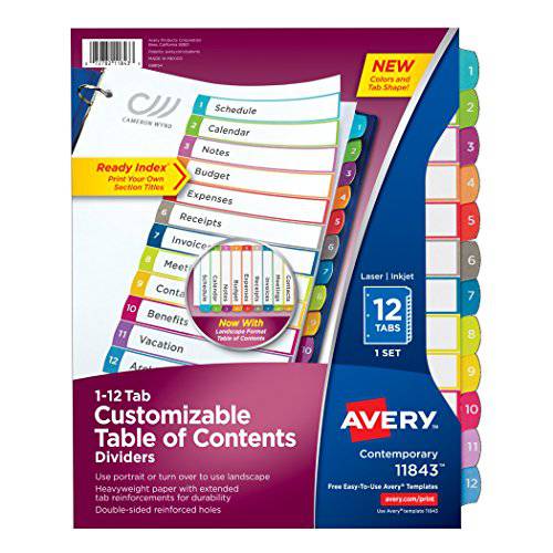 Avery 12개 탭 디바이더, 3링 3공 바인더용, 사용자맞춤형 목차 Table Contents, 다양한색 탭, 1 Set (11843)