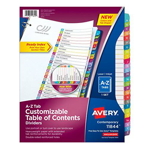 Avery A-Z 탭 디바이더, 3링 3공 바인더용, 사용자맞춤형 목차 Table of Contents, 다양한색 탭, 1세트 (11844)